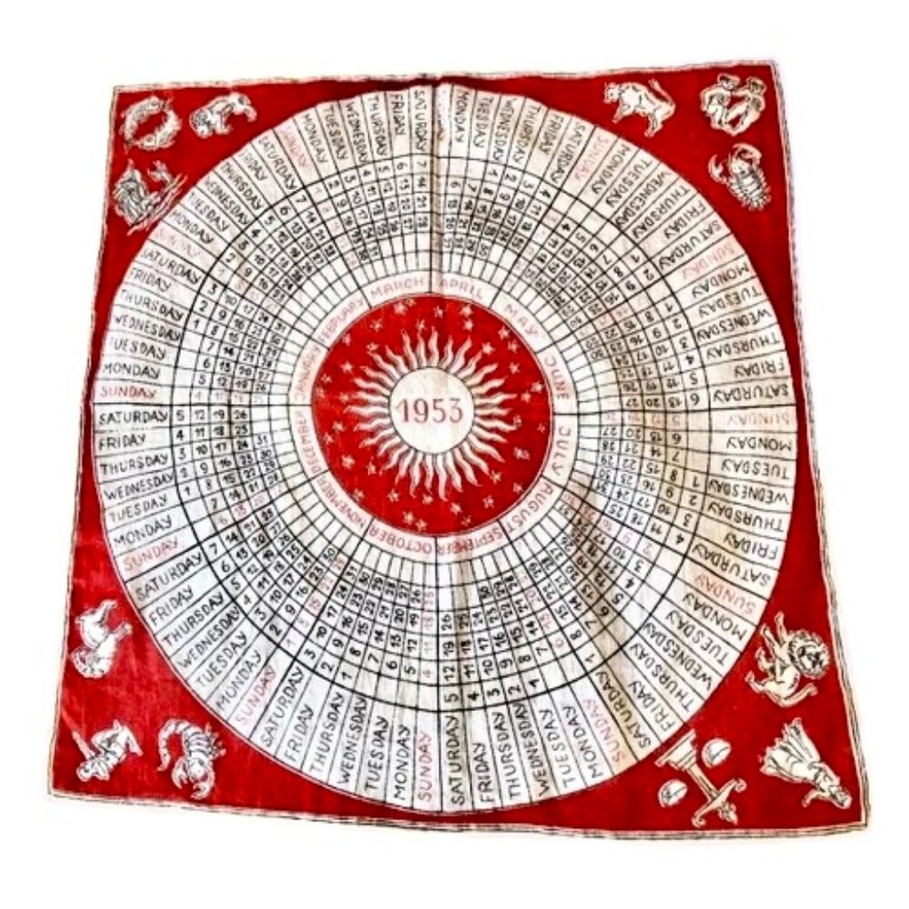 Vintage 1953 Astrology Calendar Zodiac Signs Scarf Handkerchief 11" Square